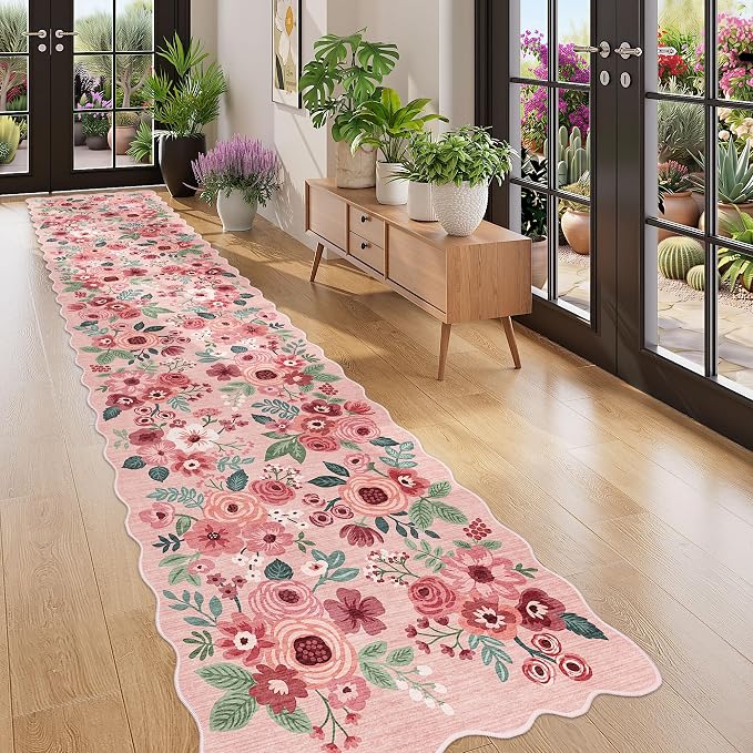 DUKINO 2.6x12 Washable Runner Rug, Floral Non Slip Long Kitchen Rug, Pink | Low Pile, Stain Resistant, Soft Throw Rugs Runner for Hallway, Entryway, Bedroom, Bathroom, Modern Home Decor, Non-Shedding