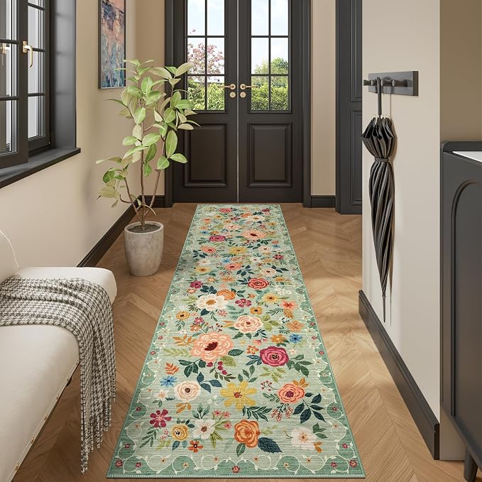 DUKINO 2x12 Washable Runner Rug, Non Slip Long Kitchen Runner Rug, Green | Floral, Low Pile, Soft Indoor Rug Runner for Hallway, Entryway, Bedroom, Bathroom, Laundry, Pet Friendly, Modern Home Decor