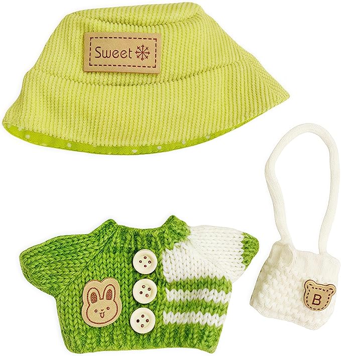 Designer Clothes for 17cm Dolls, Handcrafted Crochet 3-Piece Set, Doll Knit Outfit Accessories with Green Sweater Tops, White Cross-Body Bag, and Bucket Hat, T-Green