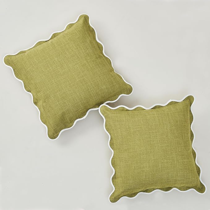 Scalloped Pillow Covers Set of 2 for Living Room | Spring Decorative Sofa Couch Pillows | Boho Sytle Decorative Home | Aesthetic Funky Preppy Pillow Cases (Green & Yellow, 18x18 Inch)