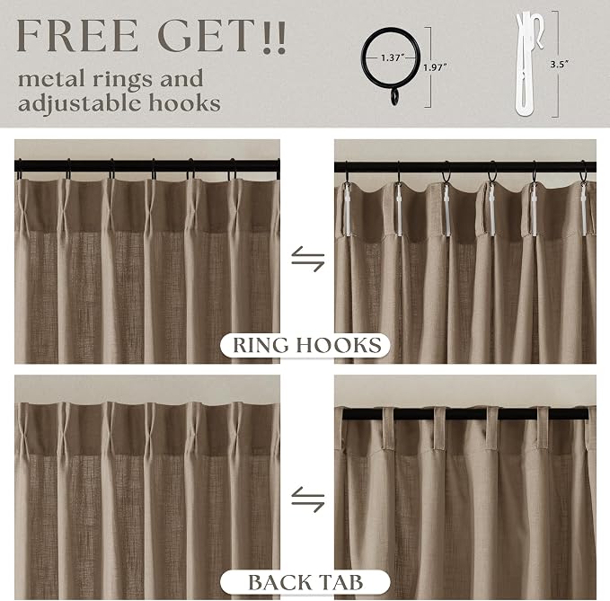 TWODRAPES Tan Brown Linen Pinch Pleated Curtains 2 Panels Living Room Bedroom Light Filtering Drapes 108 Inch Length Light Brown Latte Semi Sheer Memory Shape Trained Ceiling Floor Curtain