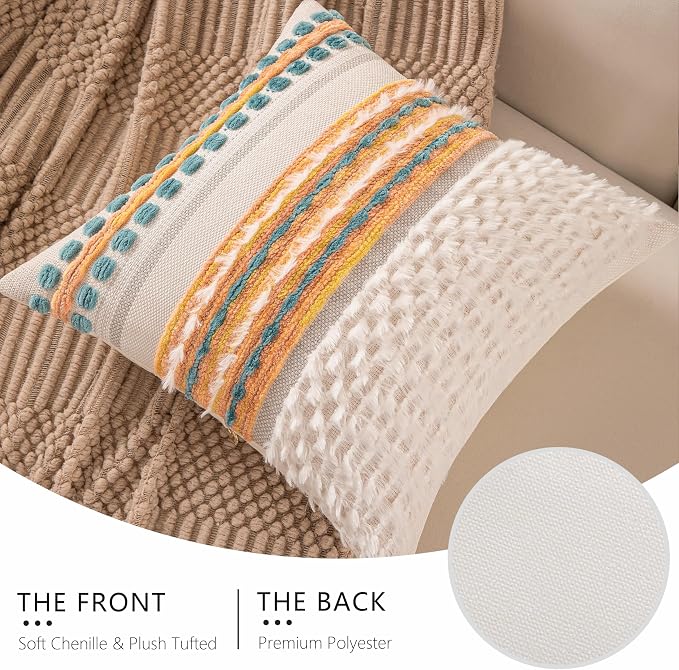 Fall Boho Chenille Tufted Couch Throw Pillow Covers 18x18 Inch Set of 2 Farmhouse Striped Decorative Pillow Covers Accent Neutral Pillowcase Yellow Teal Cushion Cover for Living Room Sofa Bed