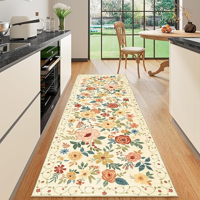 DUKINO 2.6x8 Hallway Runner Rug, Washable Runner Rug Non Slip, Beige Yellow | Low Pile, Soft, Floral Indoor Rug for Kitchen, Entryway, Bedroom, Bathroom, Pet Friendly, Stain Resistant, Modern Home Decor