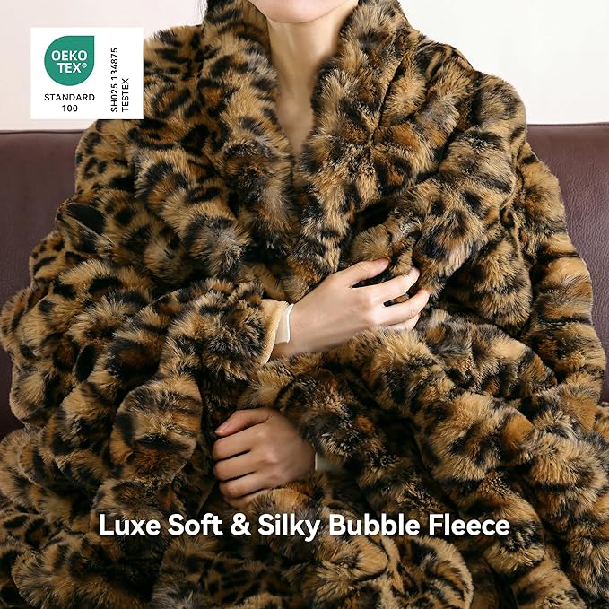 Faux Fur Throw for Couch - Leopard Brown Bubble Blanket 60"x80" | Fluffy Plush Fuzzy Cheetah Throw for Sofa & Bed, Super Soft Cozy Comfrt Blanket,Luxury Aesthetic Leopard Decor Gift for Women