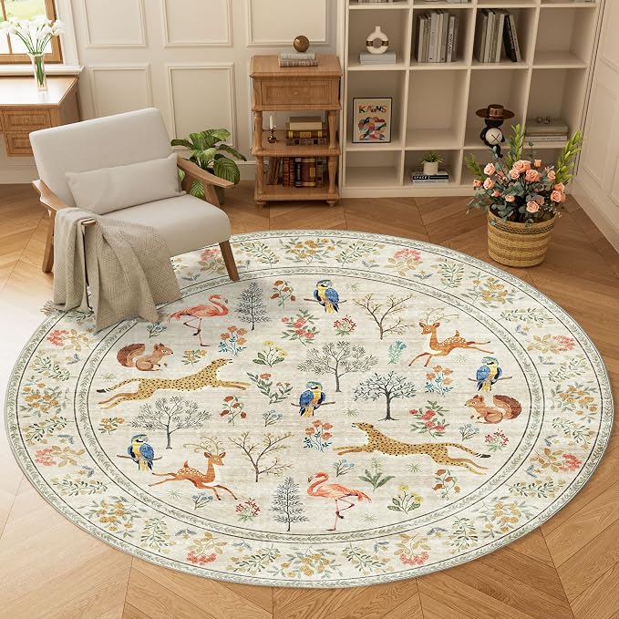 DUKINO 6ft Round Rug for Bedroom, Washable Soft Non Slip Circle Rug, Beige | Low Pile, Stain Resistant, Animal Indoor Carpet for Living Room, Kitchen, Dining Room, Nursery, Farmhouse, Pet Friendly