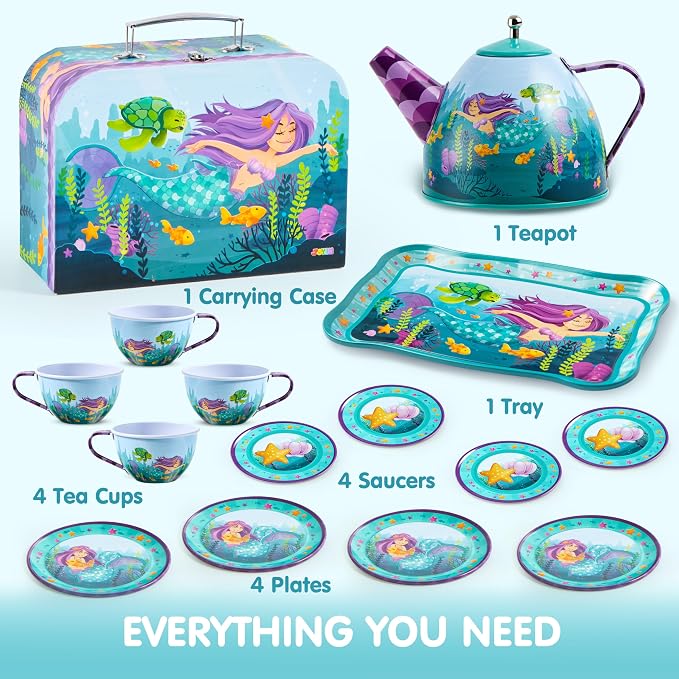 JOYIN Mermaid Tea Party Set for Little Girls, Pretend Tin Teapot Set, Princess Tea Time Play Kitchen Toy with Teapot, Cups, Plates, Carrying Case for Easter Birthday Gifts Kids Toddlers Age 3 4 5 6