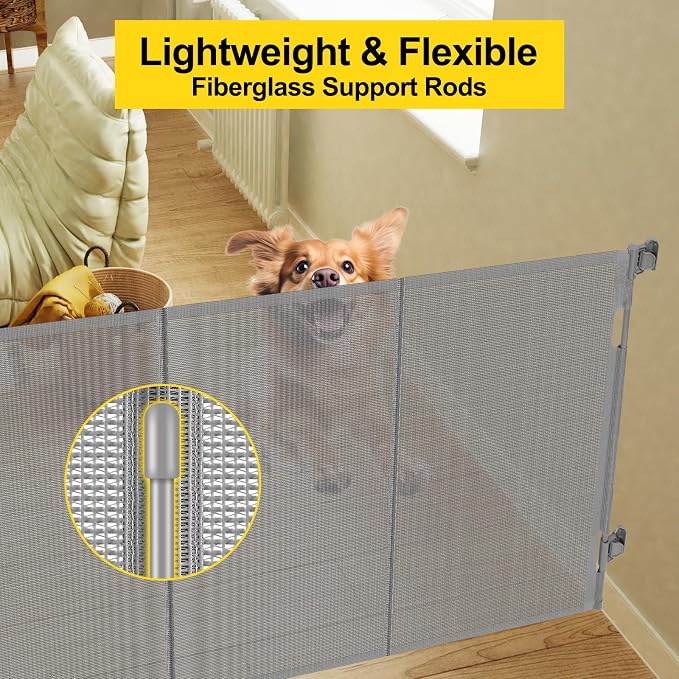 Reinforced 42” Tall x 100” Wide Retractable Baby Gates Extra Tall Dog Gate with Rods to Prevent Crawling Through, Pet Gate for Large Openings Extra Wide Mesh Baby Gate for Stairs, Gray
