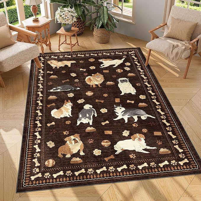 DUKINO 4x6 Area Rug, Washable Dog Rug for Living Room Non Slip, Brown | Low Pile, Stain Resistant, Soft Animal Carpet for Bedroom Office Dorm Dining Room Kids Room Farmhouse, Kid & Pet Friendly