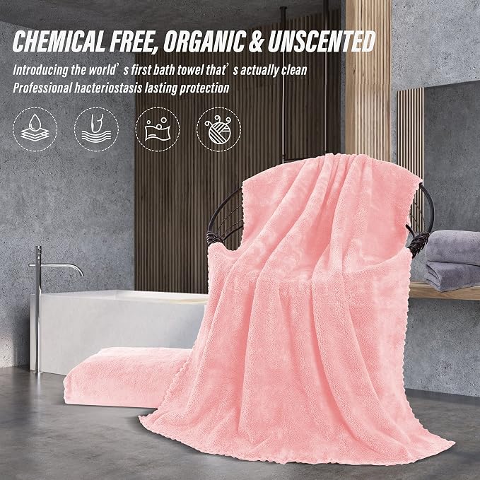 MOONQUEEN 2 Pack Premium Bath Towel Set - Quick Drying - Microfiber Coral Velvet Highly Absorbent Towels - Multipurpose Use as Bath Fitness, Bathroom, Shower, Sports, Yoga Towel (Pink)
