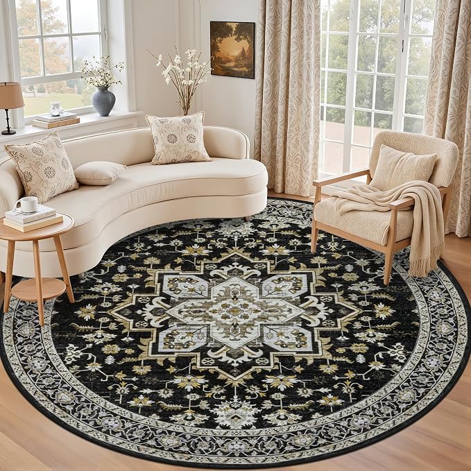 Round Area Rug for Living Room: 8 ft Washable Vintage Boho Soft Thin Circle Rug Indoor Floor No Slip Stain Resistant Carpet for Bedroom Dining Room Farmhouse Nursery Home Office -Black Gold