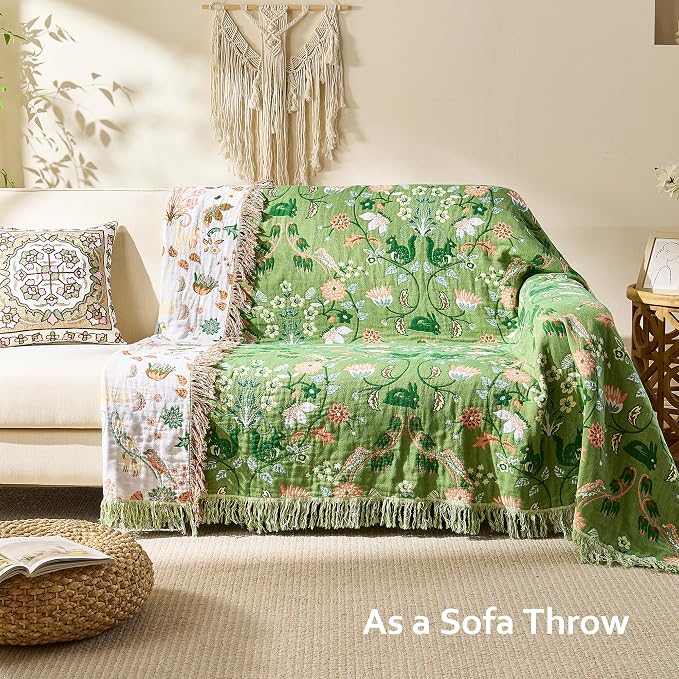 VANJOROY Boho Throw Blanket, 100% Organic Cotton Breathable Skin-Friendly Ultra Soft 50" x 60" Bed Quilt Green Throw - Floral Rustic Decor Luxury Reversible Blanket for Sofa Couch Chair and Gift,