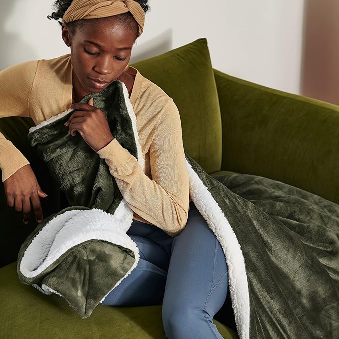 Bedsure GentleSoft Sherpa Fleece Twin Size Blanket for Couch, Non-Heated, Thick and Warm Throw for Women and Men, Soft Fuzzy Plush Twin Blanket for Winter, Olive Green, 60x80 Inches