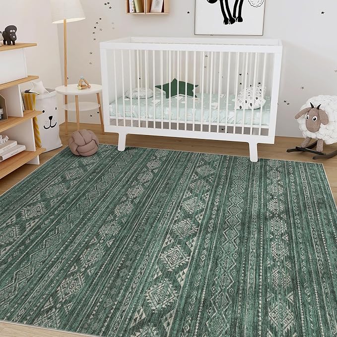 Nakagishi Boho 5x7 Area Rug Living Room Rugs Machine Washable Green | Soft, Pet & Kid Friendly, Carpet for Living Room/Bedroom/Office/Kitchen/Nursery, Daily Home Decor Stain Resistant Moroccan