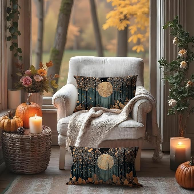 Vintage William Morris Inspired Gold Forest Moon Pillow Covers 20x12 Set of 2,Rustic Black and Gold Moon Landscape Nature Botanical Decorative Throw Pillow Covers for Home Bedroom Living Room