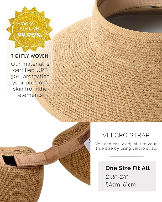 FURTALK Womens Sun Hat with Ponytail Hole Wide Brim Beach Straw Visor | Foldable & Packable for Beach Vacations, Adjustable Fit for Messy Buns, Detachable Windproof Strap, Sweat-Wicking Inner Band