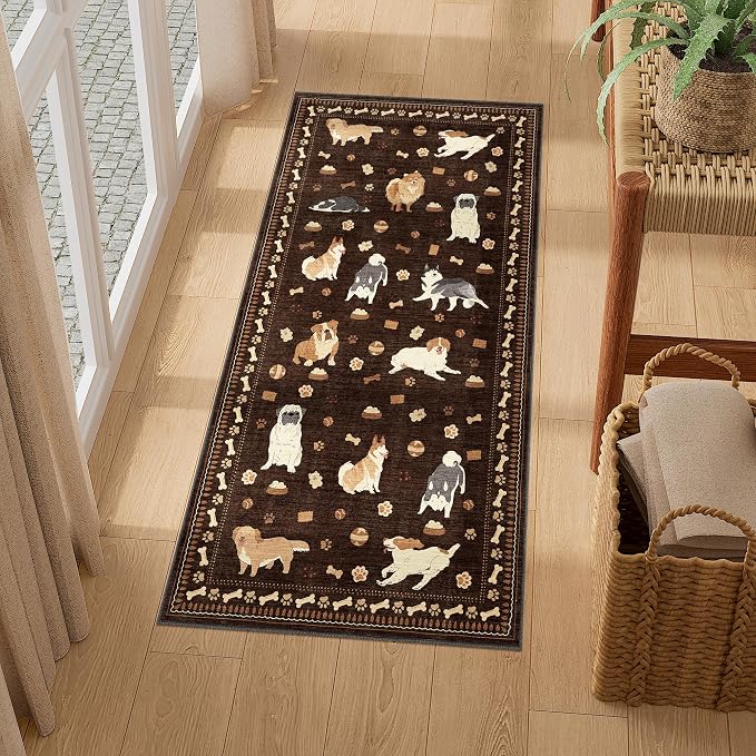 DUKINO 2x4 Rug Runner, Washable Dog Bathroom Rug Soft Non Slip, Brown | Low Pile, Non-Shedding, Stain Resistant, Indoor Animal Carpet Runner for Kitchen Entryway Hallway Laundry Farmhouse Bedroom