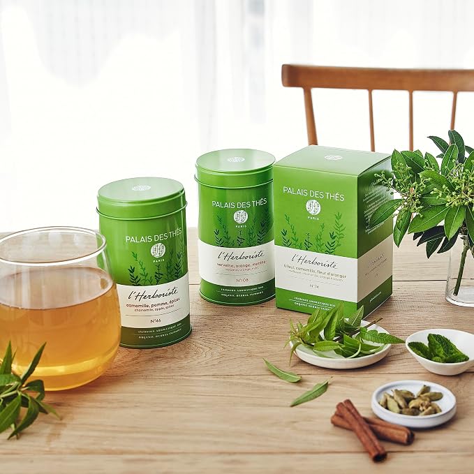 Palais des Thés Caffeine-Free Tea - L'Herboriste N∞74 Organic Calming Herbal Blend with Limeflower, Chamomile & Orange Blossom - Premium Tea Bags, Serves 20 Cups