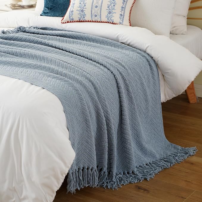 BATTILO HOME Blue Grey Throw Blanket for Couch, Knit Throw Blanket, 50"x60" | Super Soft Dusty Blue Throw Blanket with Tassels, Knit Blanket for Bed,Sofa and Living Room