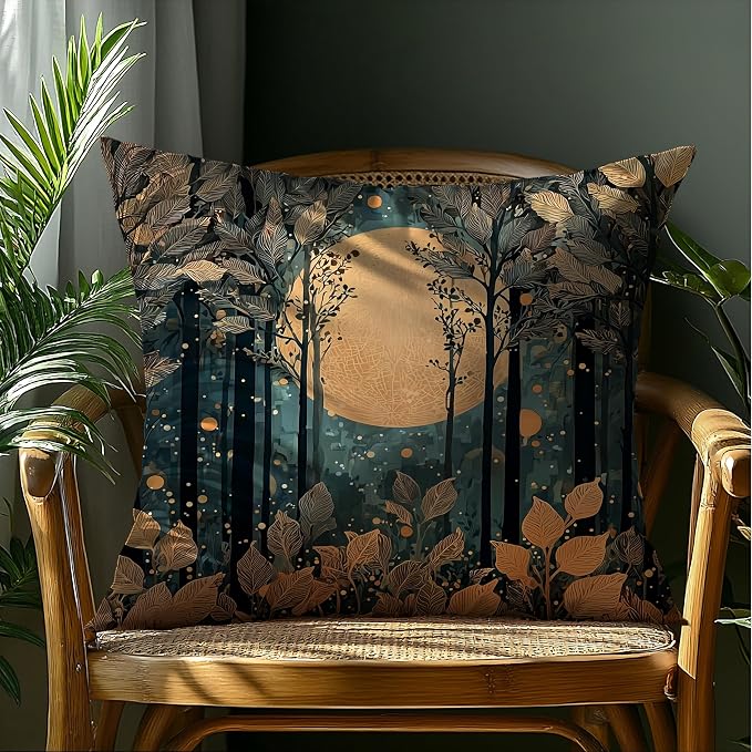 Rustic William Morris Style Gold Moon Pillow Covers 18x18,Vintage Black and Gold Forest Moon Botanical Nature Landscape Decorative Throw Pillow Covers for Home Bedroom Living Room