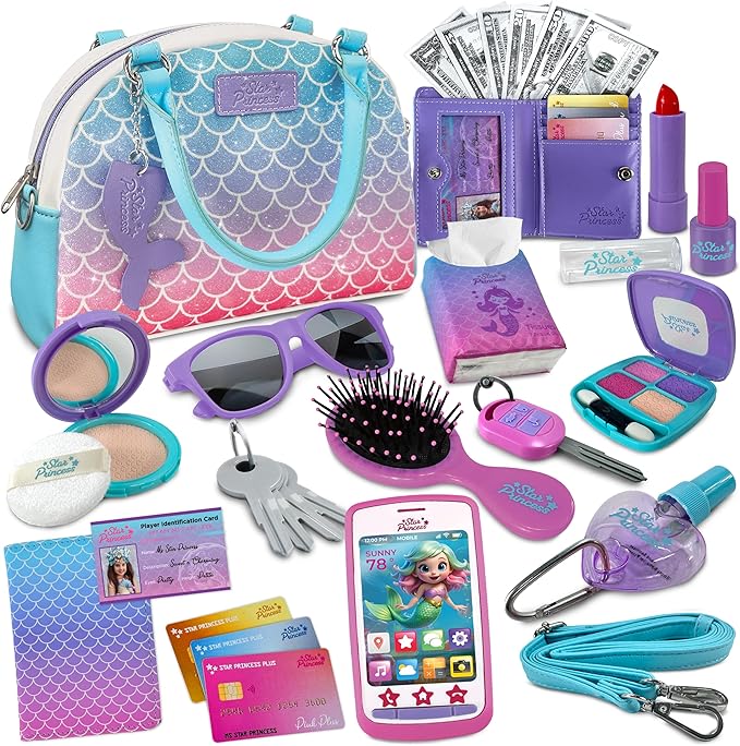 Play Purse for Little Girls and Toddlers - Mermaid Purse Toys for Kids Pretend Play Accessories: Phone, Wallet, Credit Cards, Keys, Pretend Makeup Mermaid Gift for Girl Age 3 4 5 6 7 8 Years and Up