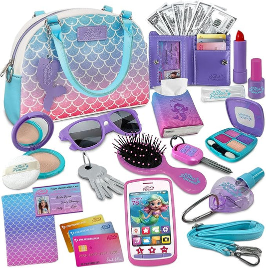 Play Purse for Little Girls and Toddlers - Mermaid Purse Toys for Kids Pretend Play Accessories: Phone, Wallet, Credit Cards, Keys, Pretend Makeup Mermaid Gift for Girl Age 3 4 5 6 7 8 Years and Up