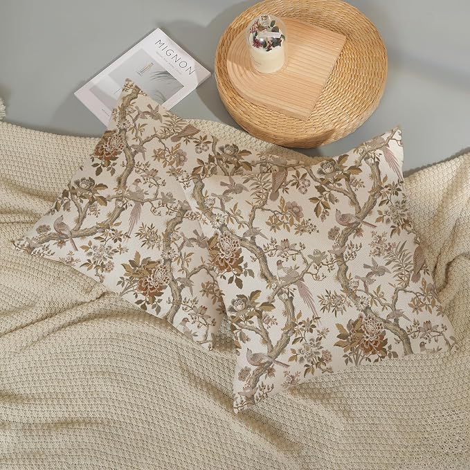 Chinoiserie Pillow Covers 18x18 Set of 2 Brown Bird Floral Throw Pillows Vintage Flowers Bird Decorative Pillowcase Farmhouse Linen Cushion Case Decor Outdoor Throw Pillows for Couch Sofa