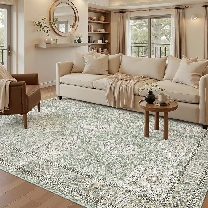 Soalmost 5x7 Area Rug Low Pile Washable Trendy Faded Style Rug, Green/Brown | Vintage Non-Slip Indoor Accent for Bedroom Dining, Foldable Stain Resistant Floor Carpet Mat Under Table Home Office Decor