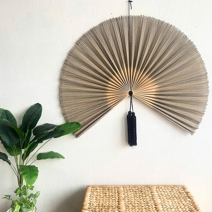 ChumDecor Bamboo Fan Wall Decor, Japanese Wall Fan Decoration, Gray 31 in | Cute Decorative Oriental and Asian Style Hanging Piece for Above the Bed Headboard Nightstand or Small Living Room