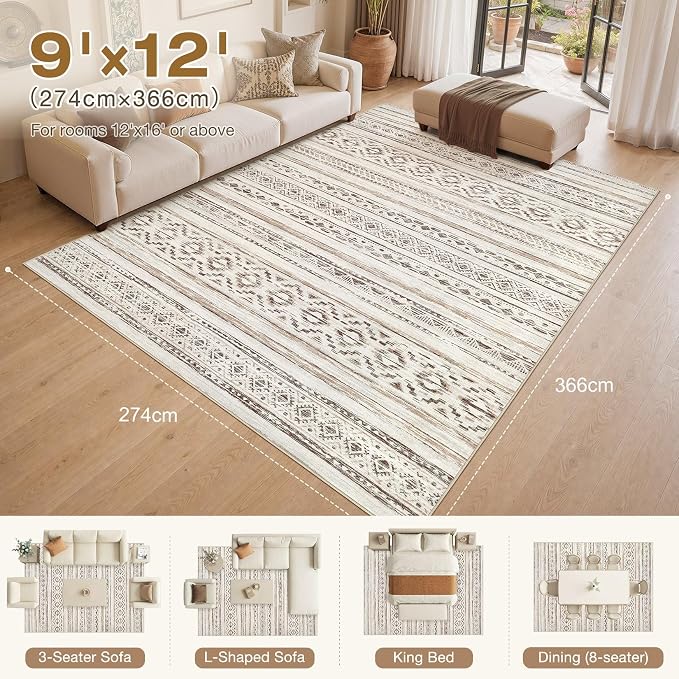 cotiled 9x12 Area Rugs Living Room Rug: Washable Boho Rugs with Non Slip Backing Large Soft Indoor Stain Resistant Carpet for Bedroom Farmhouse Dining Room Lightweight Home Decor Cream Brown