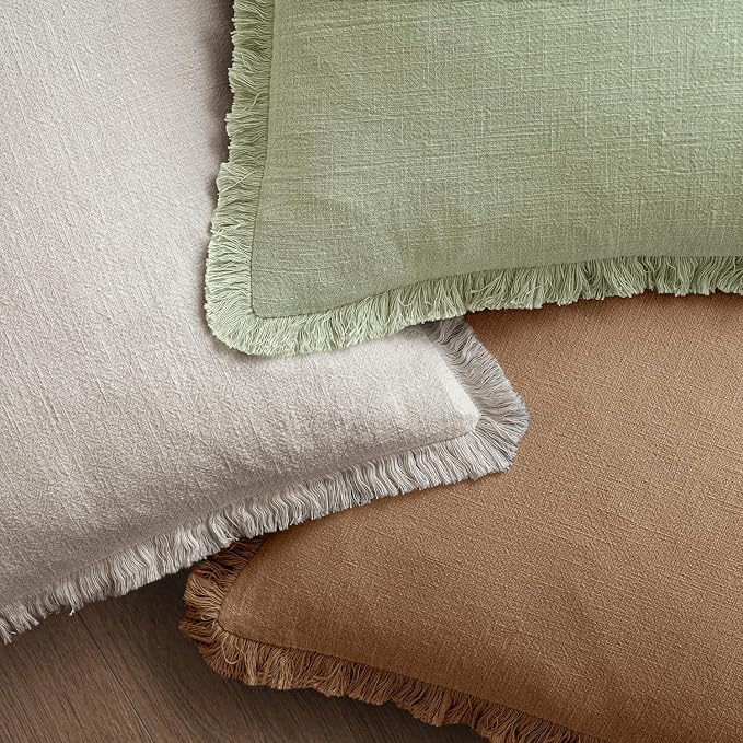 MIULEE Linen Fringe Decorative Euro Throw Pillow Covers Sage Green 26x26 | Set of 2, Cottagecore Decor, Boho Farmhouse Neutral Pillow Covers, Rustic Couch Cushion Cases for Sofa Bed Living Room