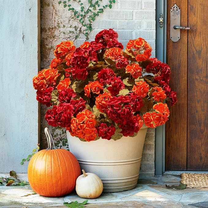 Fake Geraniums Artificial Flowers for Outdoors Fall Autumn Decoration, 6 Bundles Silk Geraniums Look Real Faux Fall Flowers Plants for Front Door Garden Planter Patio Balcony Yard Home Indoor, Mix