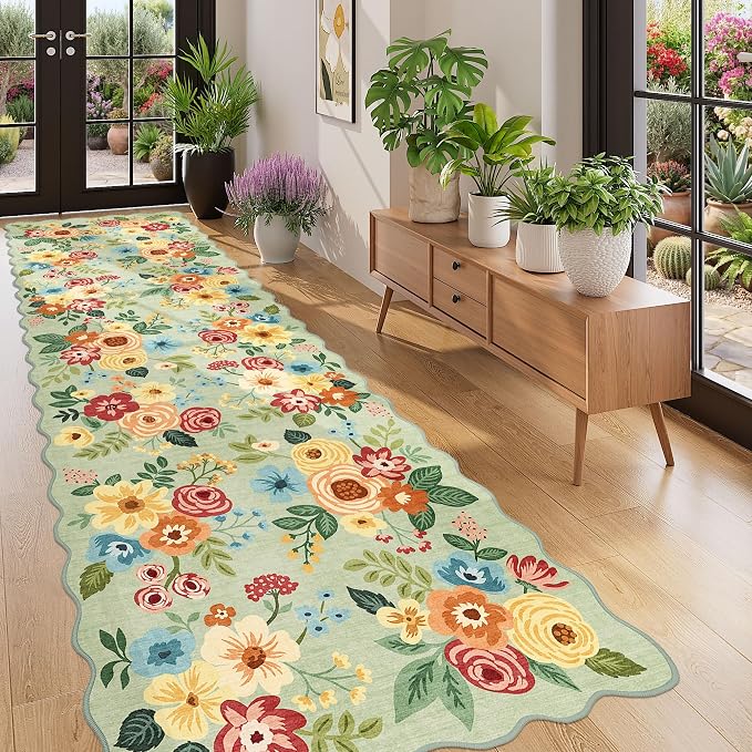 DUKINO 3x10 Runner Rug, Non Slip Floral Washable Rug for Hallway, Green | Low Pile, Soft, Stain Resistant Throw Carpet Runner for Kitchen, Entryway, Bedroom, Bathroom, Lightweight, Modern Home Decor