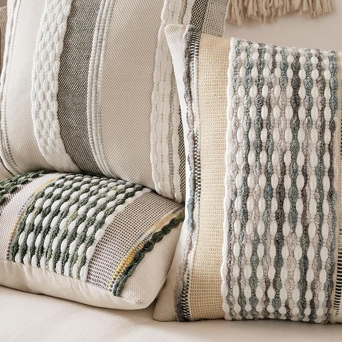 ANRODUO Boho Decorative Pillow Covers Gray Blue Stripe 18x18 Inch Pack of 2 | Throw Pillow Covers, Farmhouse Cushion Case, Chenille Pillow Cases, Pillow Covers, Accent Neutral Pillowcase for Couch Bed