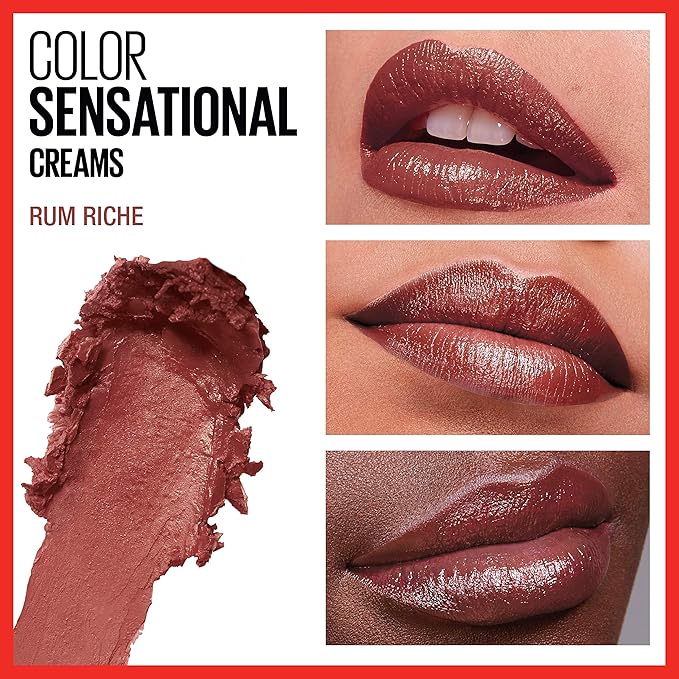 Maybelline Color Sensational Lipstick, Lip Makeup, Cream Finish, Hydrating Lipstick, Rum Riche, Deep Nude ,1 Count