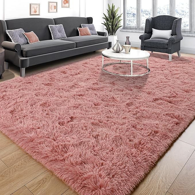 Tepook Blush Pink Area Rugs for Living Room Girls Bedroom, 8x10 Fluffy Shaggy Dusty Pink Rug for Kids Room Playroom, Plush Shag Non-Slip Carpet for Nursery Dorm Classroom, Cute Rose Beige Rug