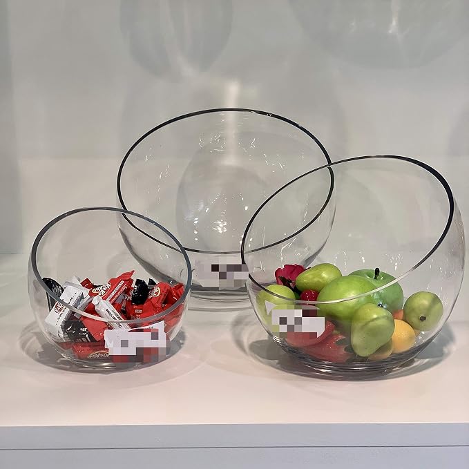 WGV Slant Cut Bowl Glass Vase, Width 9", Height 8.25", Clear Terrarium, Candy Dish, Fruit Jar, Floral Container for Wedding Party Event, Home Office Decor, 1 Piece