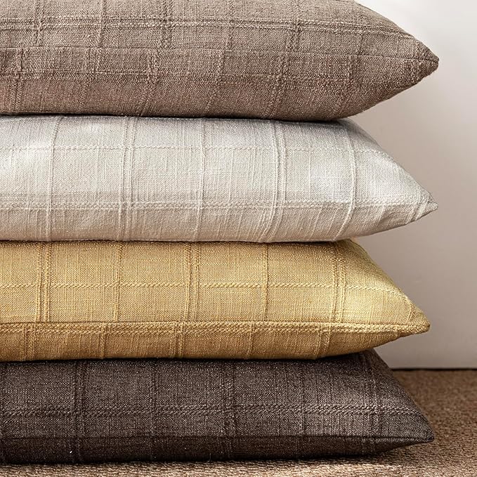Foindtower Set of 2 Decorative Linen Check Throw Pillow Covers Neutral Farmhouse Vintage Cushion Covers Modern Boho Accent Home Decor for Sofa Chair Couch Bedroom Living Room,24×24 Inch,Amber Gold