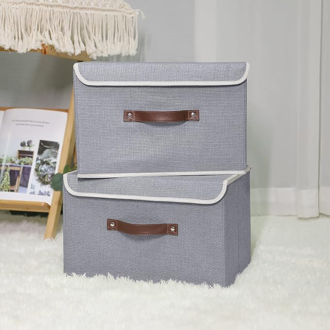 ANMINY Fabric Storage Box Bins with Lids, Gray, 13"x9"x7.9", 4 Pack | Keepsake Memory Storage, Cotton Linen, PP Board Reinforced, Washable, PU Handles, Foldable & Stackable, Decorative, Medium