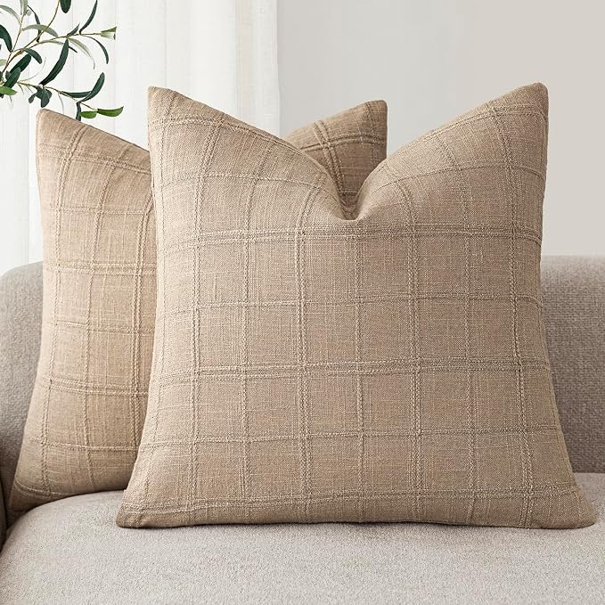Foindtower Set of 2 Decorative Linen Check Throw Pillow Covers Neutral Farmhouse Vintage Cushion Covers Modern Coastal Boho Home Decor for Sofa Chair Couch Bedroom Living Room,18×18 Inch,Camel