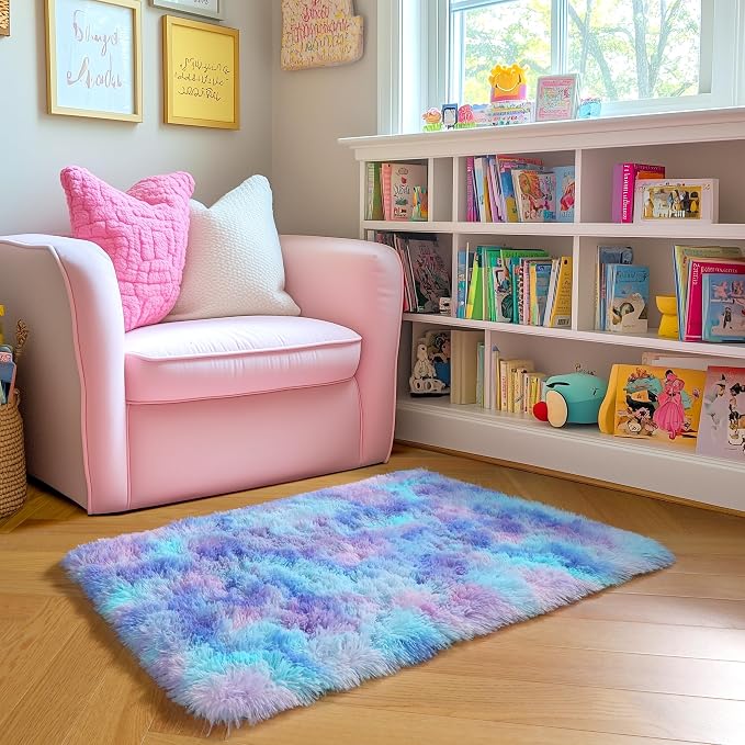 Amdrebio Purple Rainbow 2x3 Small Area Rugs for Bedroom Girls Room Decor, Fuzzy Plush Colorful Mermaid Kids Rugs for Playroom Nursery Dorm, Fluffy Furry Cute Shag Kawaii Carpet for Baby Toddler Teen