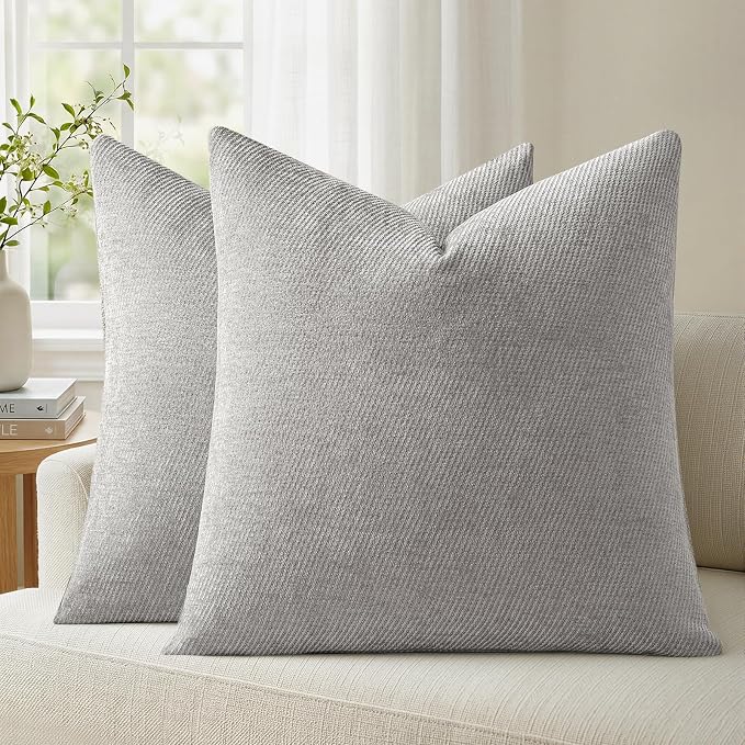 a moment Pack of 2 Decorative Chenille Throw Pillow Covers with Twill Cushion Covers for Sofa Living Room Couch Bed 24x24 Inch Grey