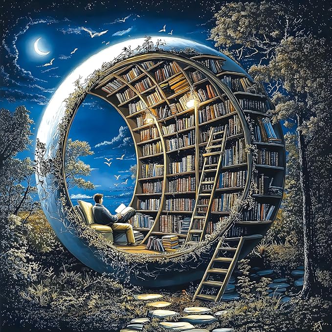 Magic Moon Library 500 Piece Jigsaw Puzzle for Adults, Night Book Forest Fantasy Jigsaw Puzzle, Vintage Space Bookshelf Nature Puzzles 20x20 Inch