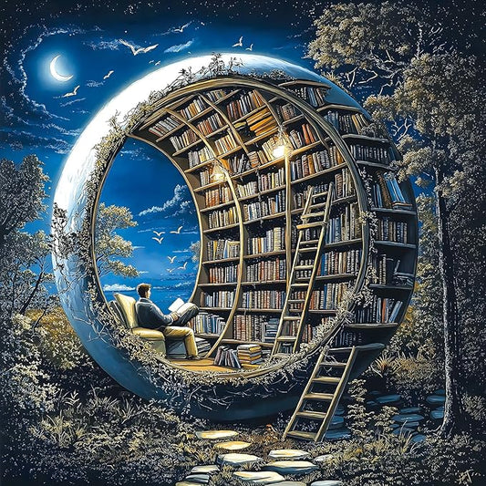 Magic Moon Library 500 Piece Jigsaw Puzzle for Adults, Night Book Forest Fantasy Jigsaw Puzzle, Vintage Space Bookshelf Nature Puzzles 20x20 Inch