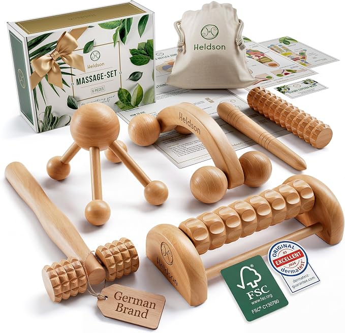 HELDSON® Wooden Therapy Massage Tools [6 Pieces] - Wood Rollers for Body Sculpting - Lymphatic Drainage Massager - Cellulite Tool - Maderoterapia Kit - Back Rolling Stick - Wellness Gifts Women, Men