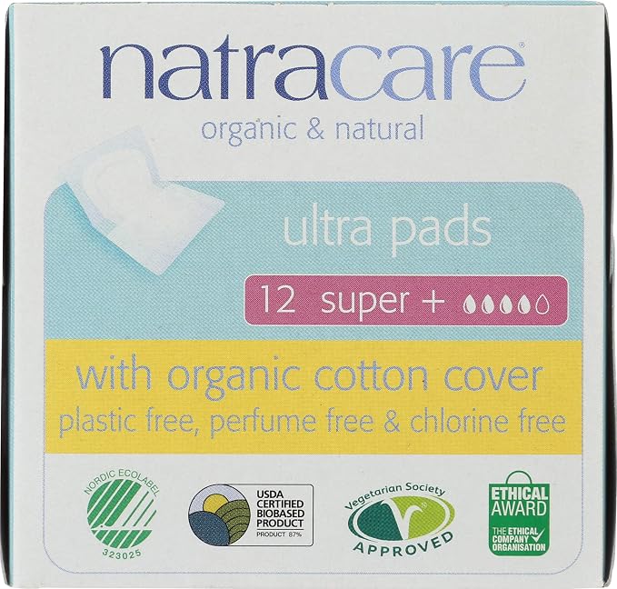 Natracare Slim Fitting Ultra Pads Without Wings, Super Plus, Made with Certified Organic Cotton, Ecologically Certified Cellulose Pulp and Plant Starch (2 Pack, 12 Pads Total)