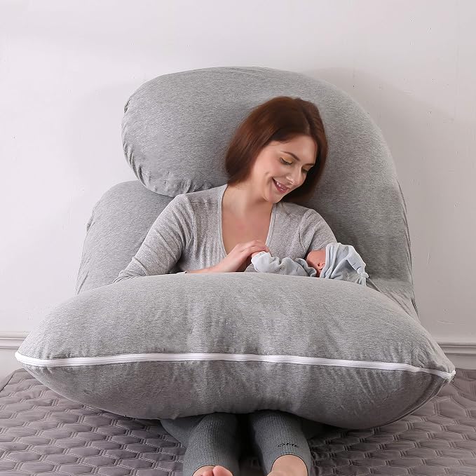 U-Shaped Full Body Pregnancy Pillow for Sleeping – 57" Maternity Pillow with Removable Cover, Support for Back, Legs, Belly & Hips (Jersey-LightGrey)