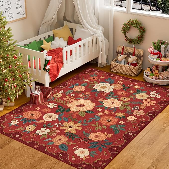 DUKINO 3x5 Area Rug, Floral Washable Rug for Bedroom Non Slip, Red | Soft, Stain Resistant Low Pile Indoor Rug for Entryway, Bedroom, Bathroom, Living Room, Pet Friendly, Home Decor, Lightweight