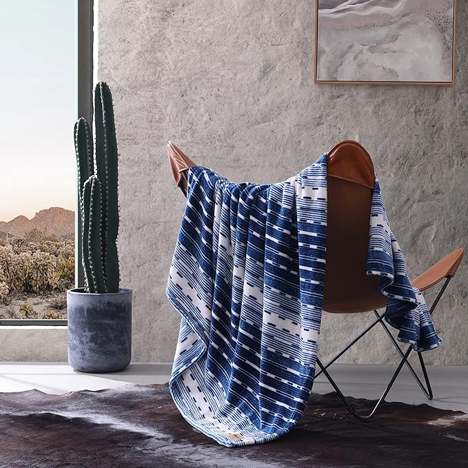Wrangler - Blanket, Super Soft Sherpa Bedding, Yellowstone Inspired Throw Blanket for Couch or Bed (Logan Stripe Blue, 50" x 60")
