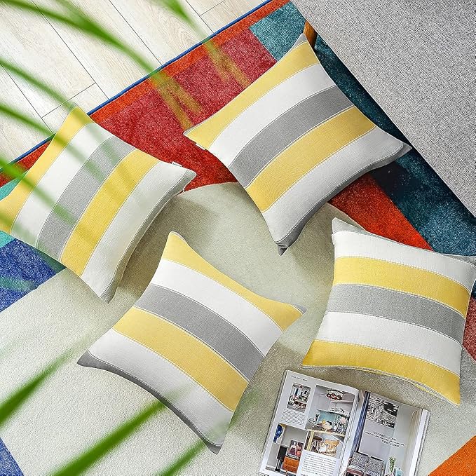 Pack of 2 Farmhouse Stripe Check Throw Pillow Covers Set Case Cotton Linen Decorative Pillowcases Cushion Cover for Couch Bench Sofa 24x24Inch Yellow Beige