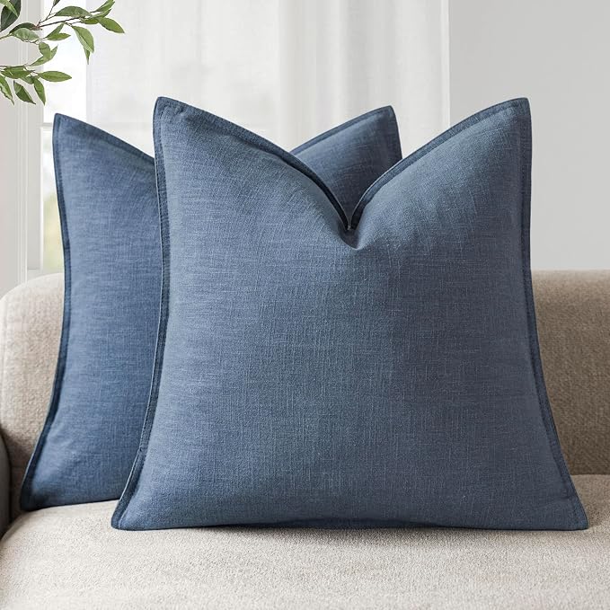 Foindtower Pack of 2, Decorative Ramie Cotton Throw Pillow Covers Soft Accent Euro Cushion Case Farmhouse Neutral Pillowcase for Chair Couch Sofa Bedroom Living Room Home Decor 22 x 22 Inch Dark Blue